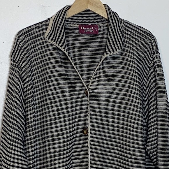 EUC Denim & Co black, white, and gray striped button down sweater - Picture 3 of 6